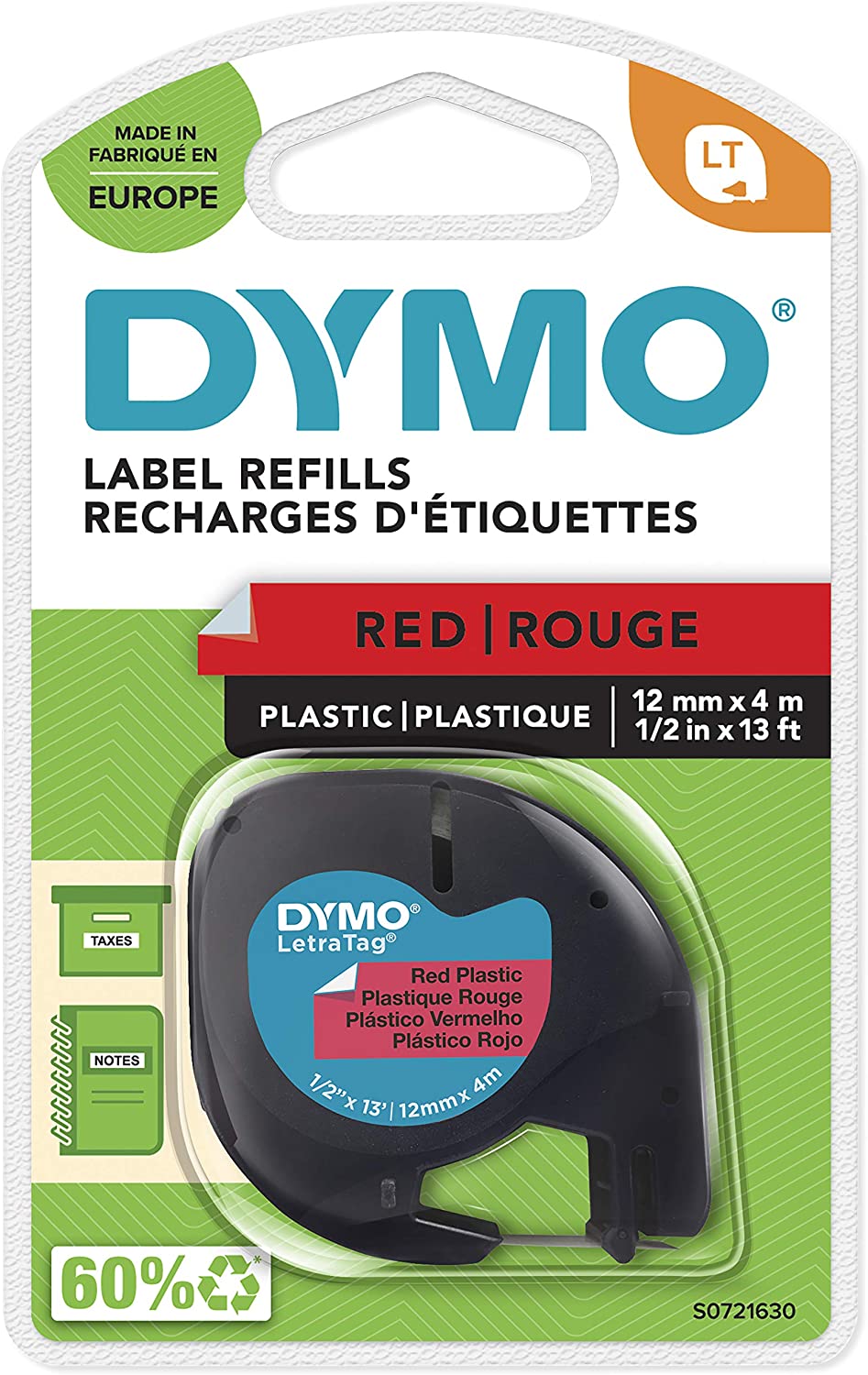 Dymo ruban LetraTag noir sur fond rouge 12 mm