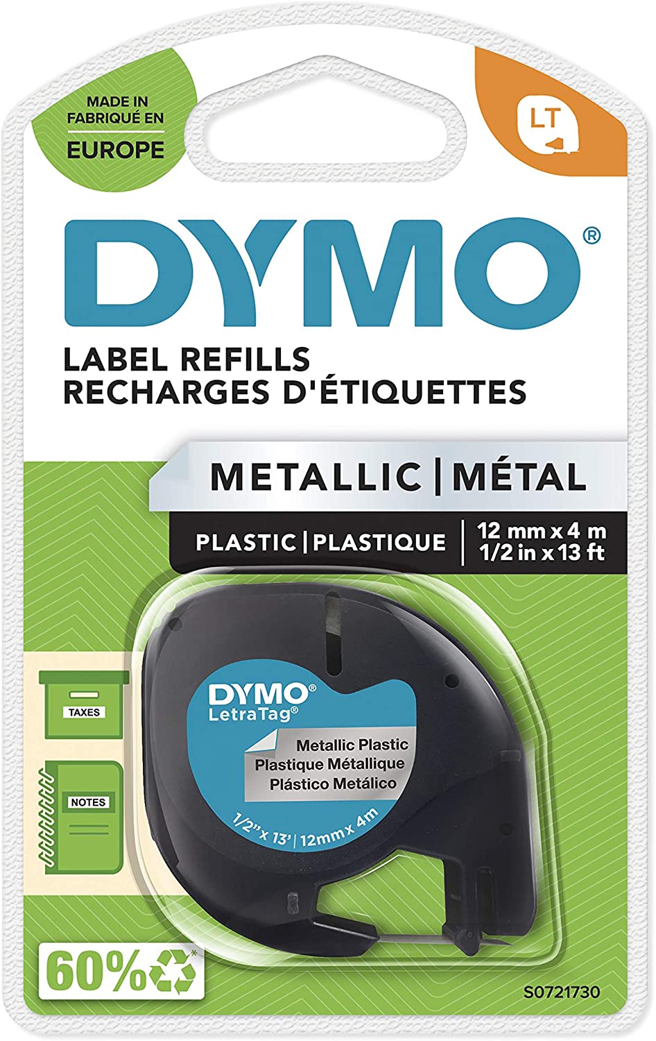 Dymo LetraTag 91208 (S0721730) - Texte noir sur fond métal - Largeur 12mm x 4 mètres