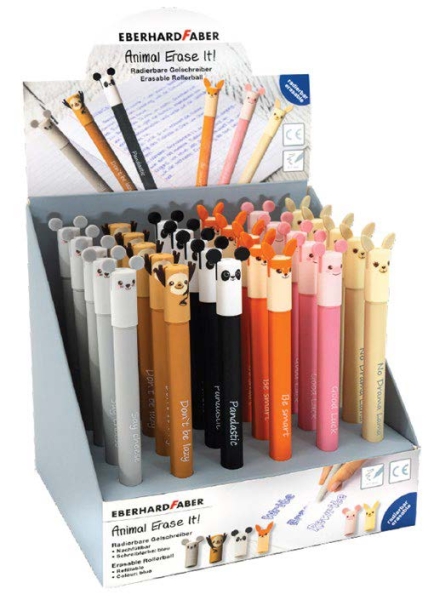 Eberhard Faber Animal Efface-le ! Présentoir de 36 stylos à encre gel bleus effaçables - Course de 0,7 mm - Capuchon en forme d'animal - Toucher doux