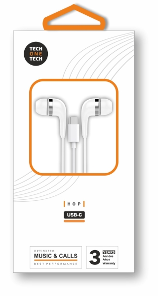 Écouteurs intra-auriculaires TechOneTech Ear Tech Hop USB-C - Microphone intégré - Câble de 1,20 m - Blanc