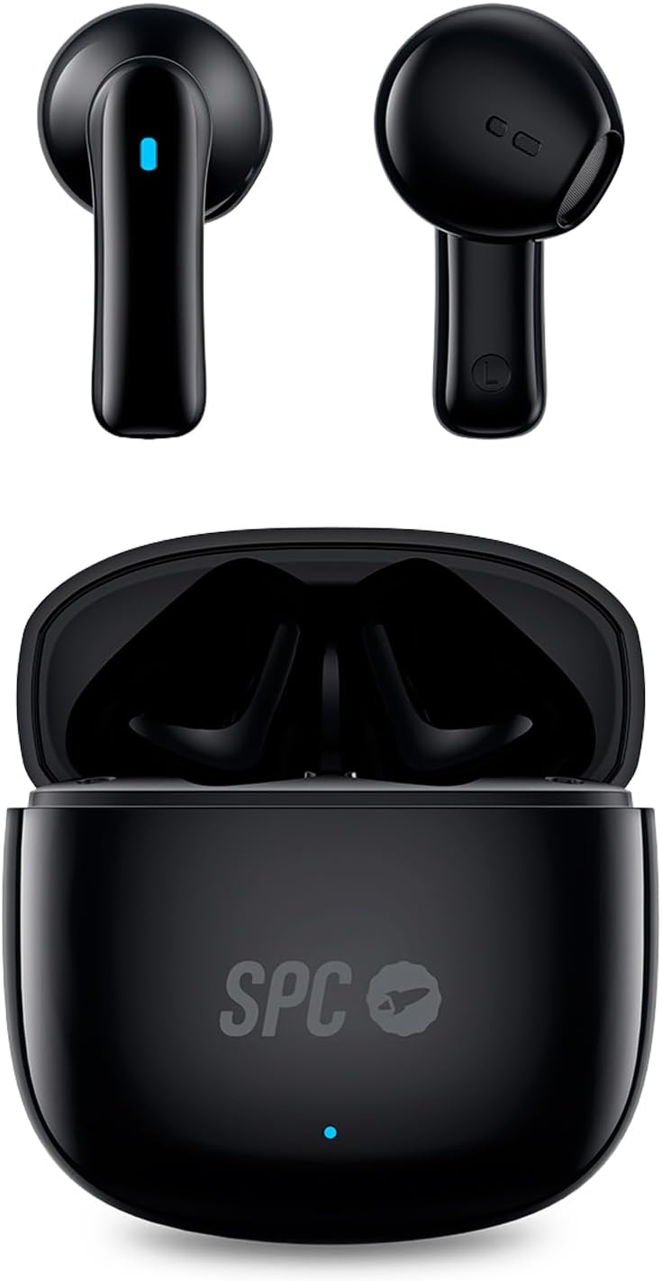 Écouteurs sans fil SPC Zion 2 Play True - Autonomie de 28 heures - Base de chargement USB-C - Commande tactile - Compatible avec les assistants vocaux - Voyants LED - Couleur noire