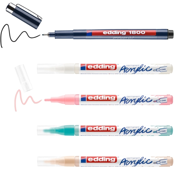 Edding Acrylique Manga Set Pack de 4 Feutres 5300 + 1 Feutre 1800 + 6 Cartes Vierges + 3 Gabarits + 1 Livret avec Instructions - Couleurs Assorties