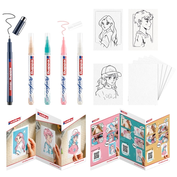 Edding Acrylique Manga Set Pack de 4 Feutres 5300 + 1 Feutre 1800 + 6 Cartes Vierges + 3 Gabarits + 1 Livret avec Instructions - Couleurs Assorties