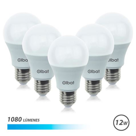 Elbat Pack 5 Unités - Puissance 12W - Lumens 1080 - Type de lumière 6500K Lumière Froide - Douille E27 - Angle 220º - Dimensions 60X120mm - 30 000 Heures de Vie - 15 000 Éclairages