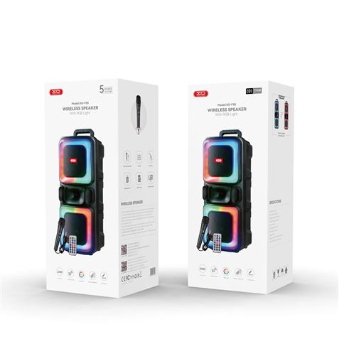 Enceinte karaoké XO F55 - Bluetooth 5.0 - 20 W - Fonction TWS - Éclairage RGB - Microphone filaire inclus - Bluetooth, FM, USB et MicroSD - Noir