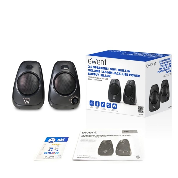 Enceintes stéréo de bureau Ewent 10 W - Alimentation USB - Jack 3,5 mm - Contrôle du volume - Noir