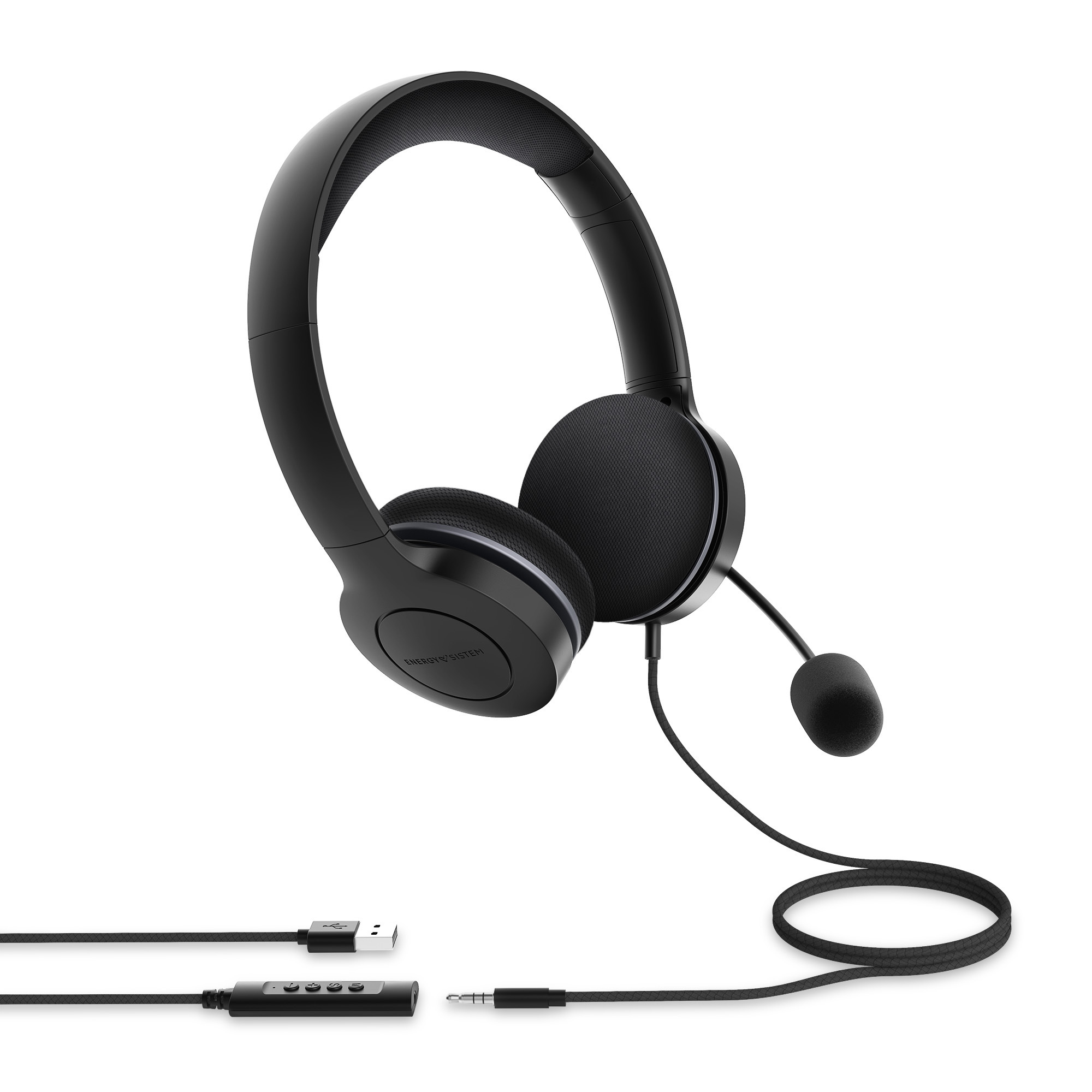 Energy Sistem Office Headphones 3 - Prise USB et 3,5 mm - Contrôle du volume et de la sourdine - Bras de microphone rétractable - Couleur noire