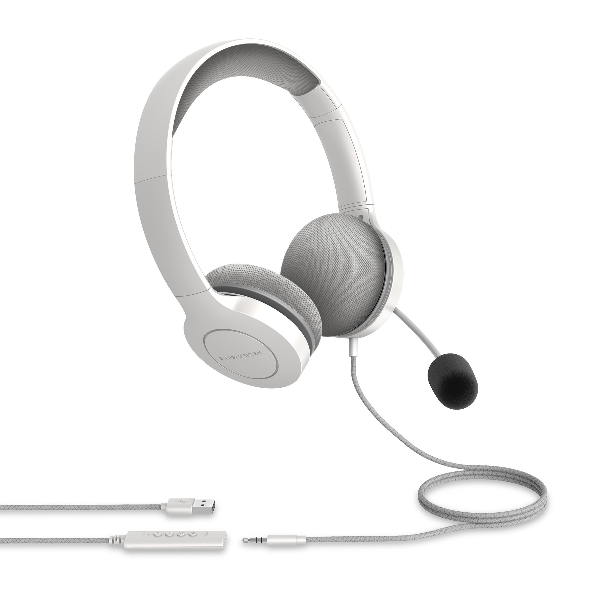 Energy Sistem Office Headphones 3 - Prise USB et 3,5 mm - Contrôle du volume et de la sourdine - Bras de microphone rétractable - Couleur blanche