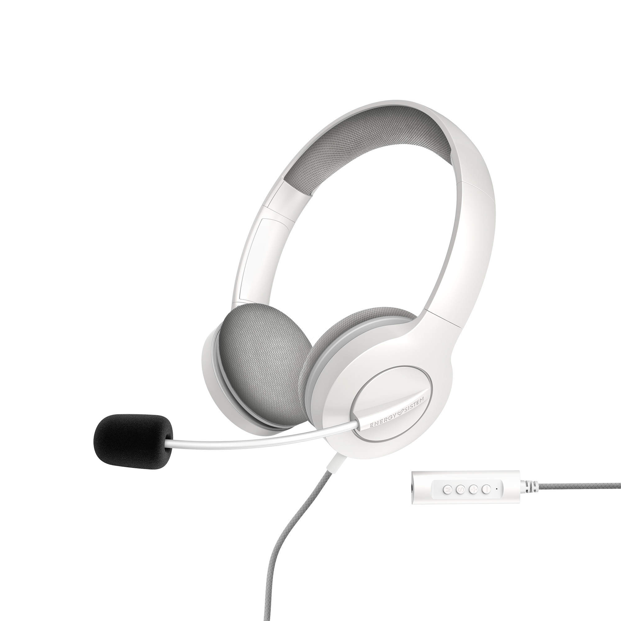 Energy Sistem Office Headphones 3 - Prise USB et 3,5 mm - Contrôle du volume et de la sourdine - Bras de microphone rétractable - Couleur blanche