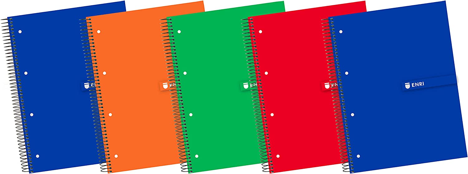 Enri Plus Pack de 5 Carnets Spirale Format A4+ Carré 5x5mm - 120 Feuilles + 40 Microperforés Offerts - Couverture Extra Rigide - Couleurs Assorties