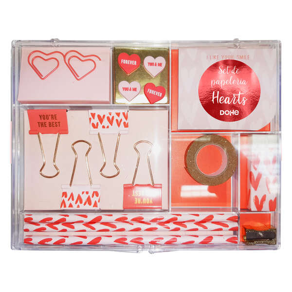 Ensemble de papeterie cadeau Dohe - Comprend un bloc-notes 80 feuilles 80 x 65 mm - Pinces en forme 36 x 28 mm - Pincettes 32 mm - Punaises 18,3 x 12 mm - Porte-crayons - Taille-crayon en métal - Gomme blanche
