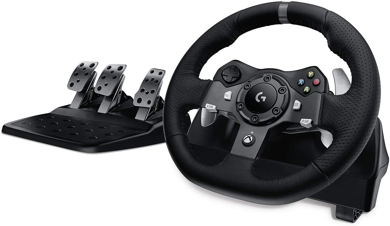 Ensemble Volant et Pédales Logitech G920 Driving Force Compatible avec Xbox Series X|S, Xbox One et PC - Rotation à 900º - Effet de retour de force - Frein non linéaire - Volant en aluminium, cuir et acier - Pédales réglables - Adaptable sur table et