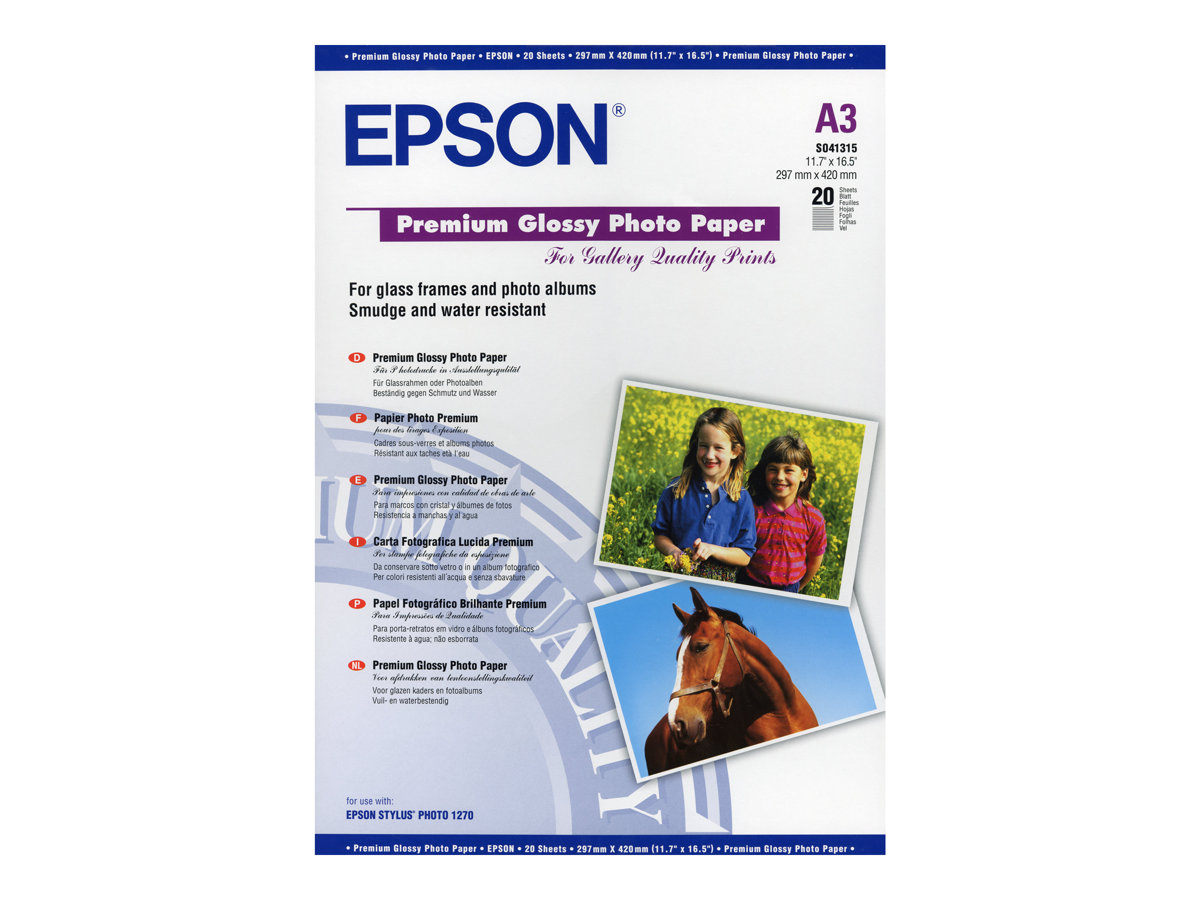 Epson C13S041315 Papier Photo A3 255gr - Finition Brillante - 20 Feuilles - pour Imprimantes à Encre