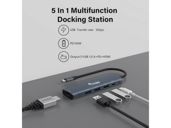 Equip Hub USB-C multifonction 5 en 1 avec 3x USB 3.0, 1x HDMI 1x USB-C PD - Boîtier en aluminium