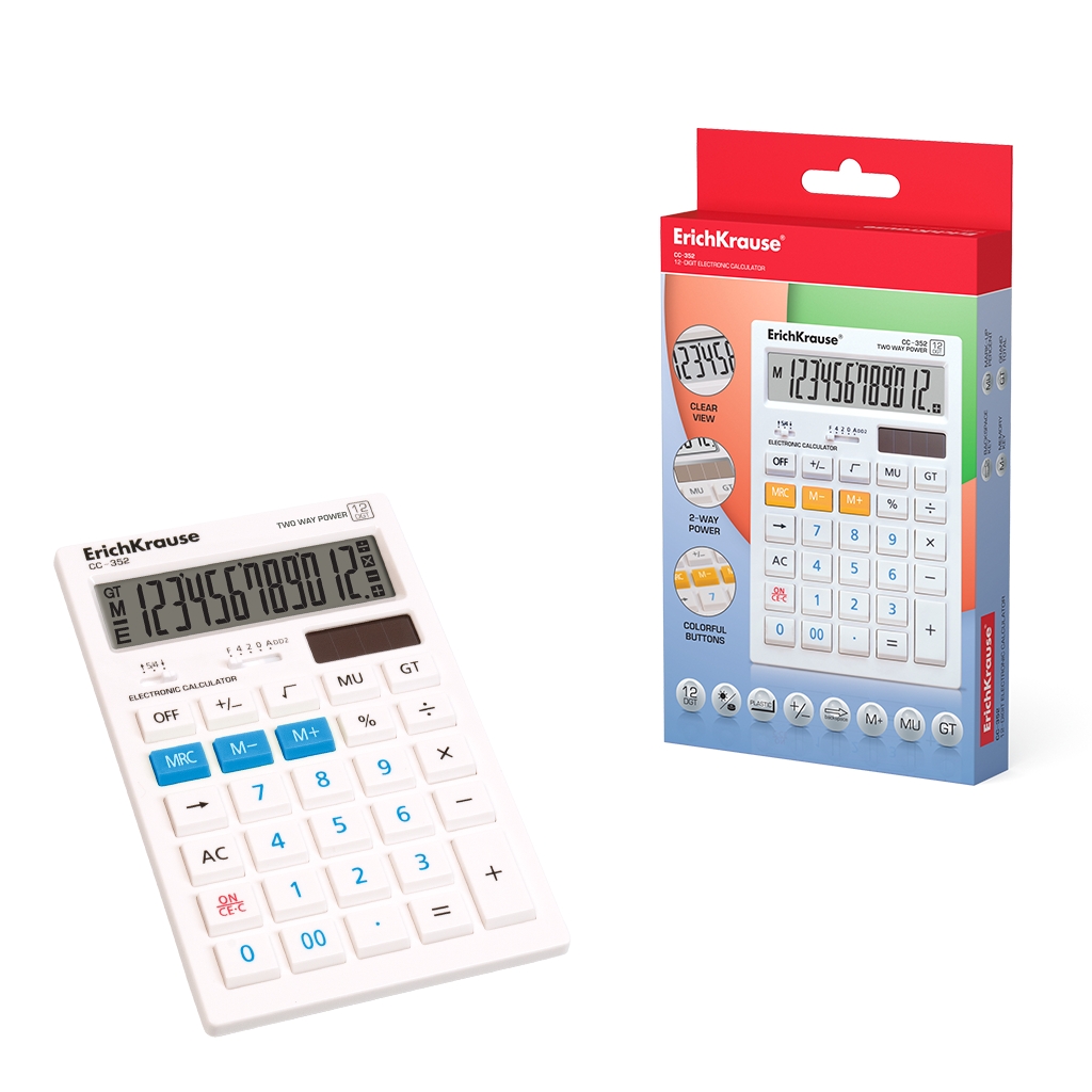 Erich Krause CC-352 Calculatrice électronique à 12 chiffres - Écran LCD - Fonctions mathématiques de base - Mémoire - Énergie solaire - Couleur variée