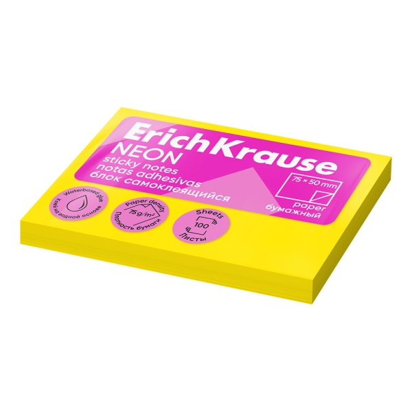 ErichKrause 100 Notes autocollantes, 50 x 75 mm - Amovibles - Jaune fluo