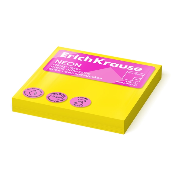 ErichKrause 100 Notes autocollantes, 75 x 75 mm - Amovibles - Jaune fluo