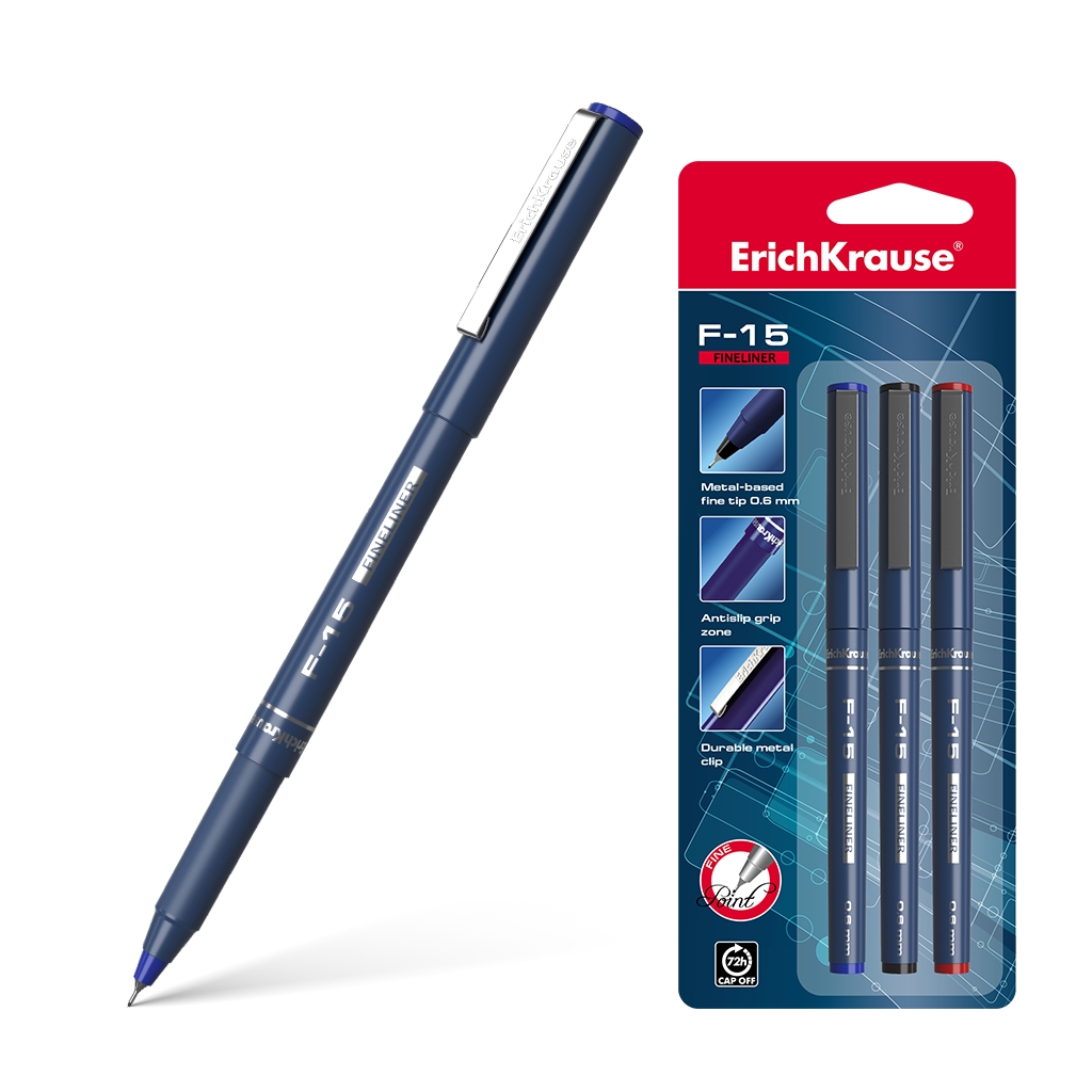Erichkrause Lot de 3 stylos à bille F-15 - Ligne fine 06 mm - Encre de couleurs bleue, noire et rouge - Couleur du corps rond opaque - Longueur de ligne continue de 400 m - Couleur du capuchon assortie à l'encre