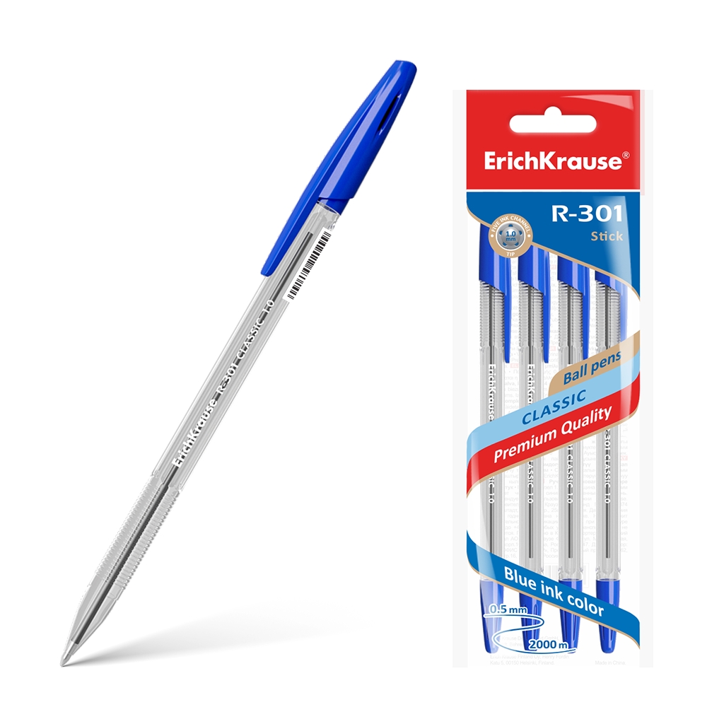 Erichkrause Lot de 4 stylos à bille R-301 Classic Stick 1.0 - Corps hexagonal transparent - Pointe 1,0 mm - Encre à séchage rapide - Couleur bleue