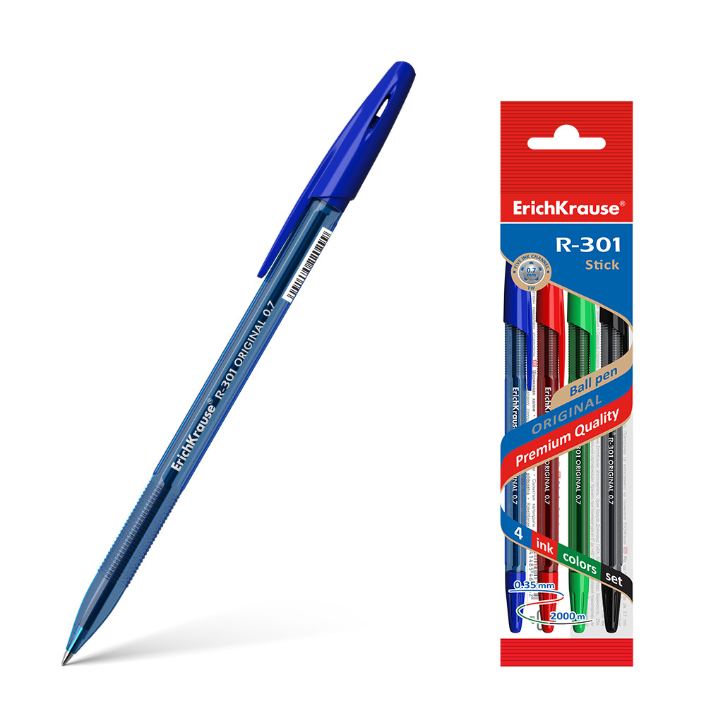 Erichkrause Lot de 4 stylos à bille R-301 Original Stick 07 - Pointe 07 mm - Encre à séchage rapide - Corps hexagonal avec grip - Couleur bleue