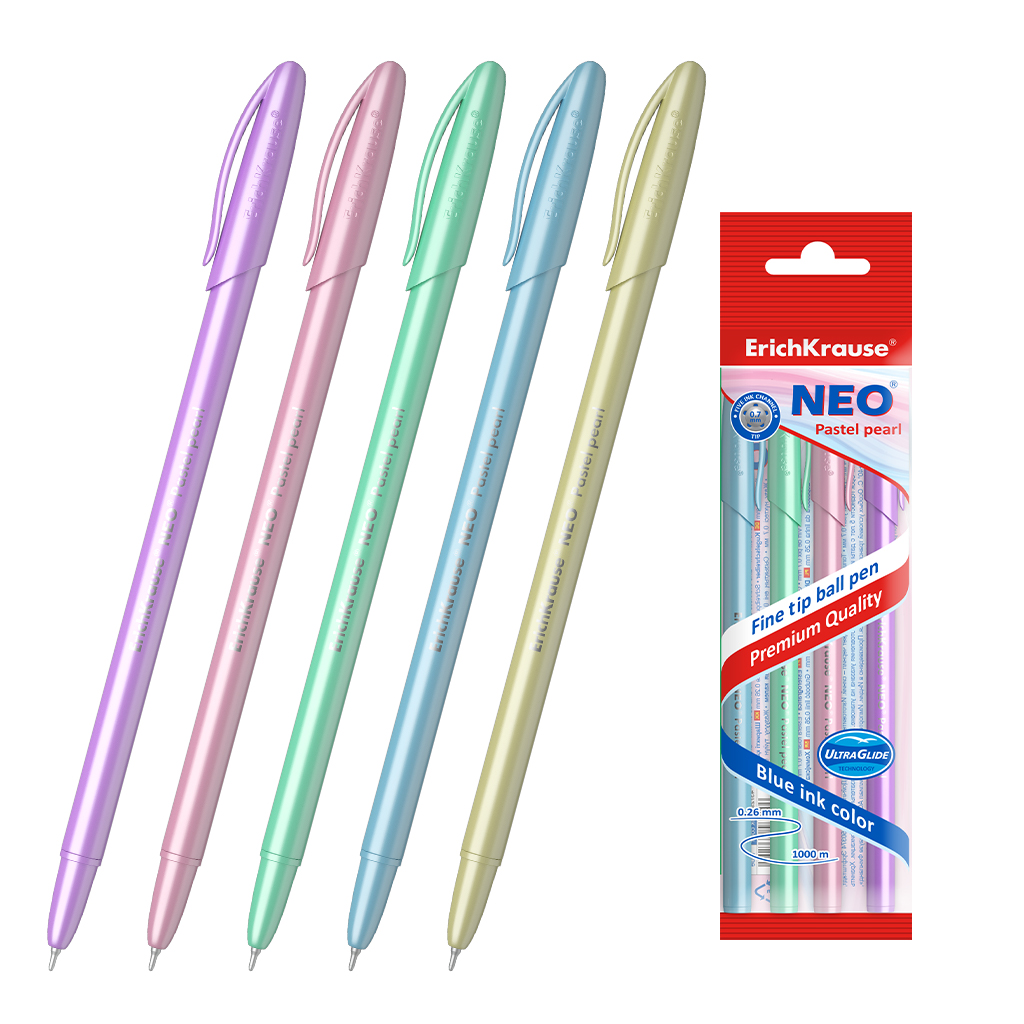 Erichkrause Lot de 5 stylos Neo Pastel Pearl - Pointe stylet sophistiquée - Encre à faible viscosité - Couleurs pastel nacrées - Bleu