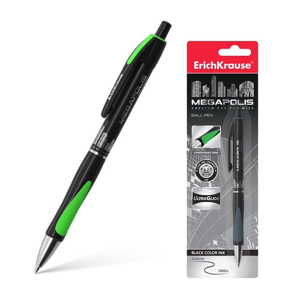 Erichkrause Megapolis Concept Stylo à bille automatique - Corps rond en satin - Zone de préhension ergonomique - Pointe 5 canaux - Encre à séchage rapide - Couleur Noir