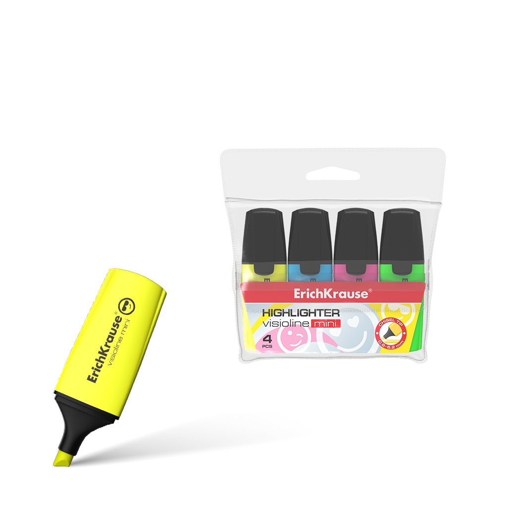 Erichkrause Visioline Mini Pack de 4 Marqueurs - Miniformat avec Emoticons Fun - Couleurs : Jaune, Vert, Bleu, Rose - Fluorescent
