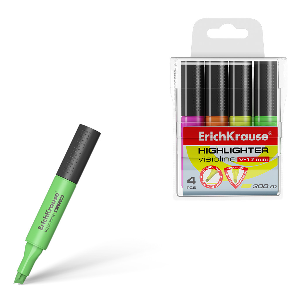 Erichkrause Visioline V-17 Mini Pack de 4 Marqueurs - Fluorescent - Pointe biseautée - Lot de 4 Couleurs : Jaune, Vert, Rose, Orange - Couleur du Corps Correspond à l'Encre