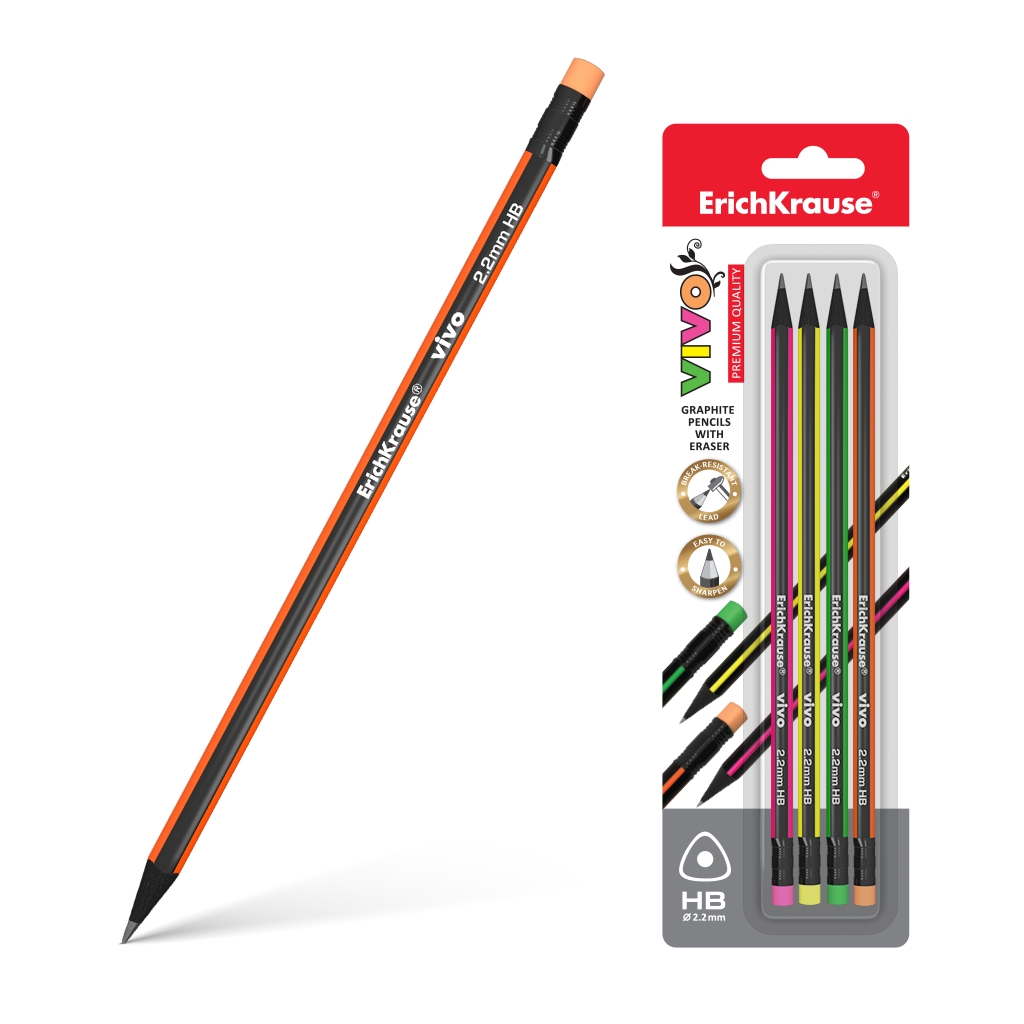 Erichkrause Vivo HB - Lot de 4 Crayons Graphite Triangulaires avec Gomme - Bois Sélectionné - Dureté HB - Résistant aux Chocs - Aiguisage Facile - Le Mien Ne Raye Pas Le Papier - Gomme De Dureté Moyenne - Caoutchouc Thermoplastique Hypoallergénique -