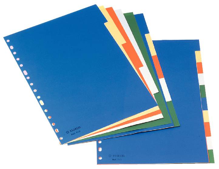 Esselte A4 Intercalaires Plastique 10 Onglets 5 Couleurs Carton Blanc Noir Index - Matière PP - Format A4 - Multi-trous - 10 Onglets 5 Couleurs - Présentation Sachet Individuel