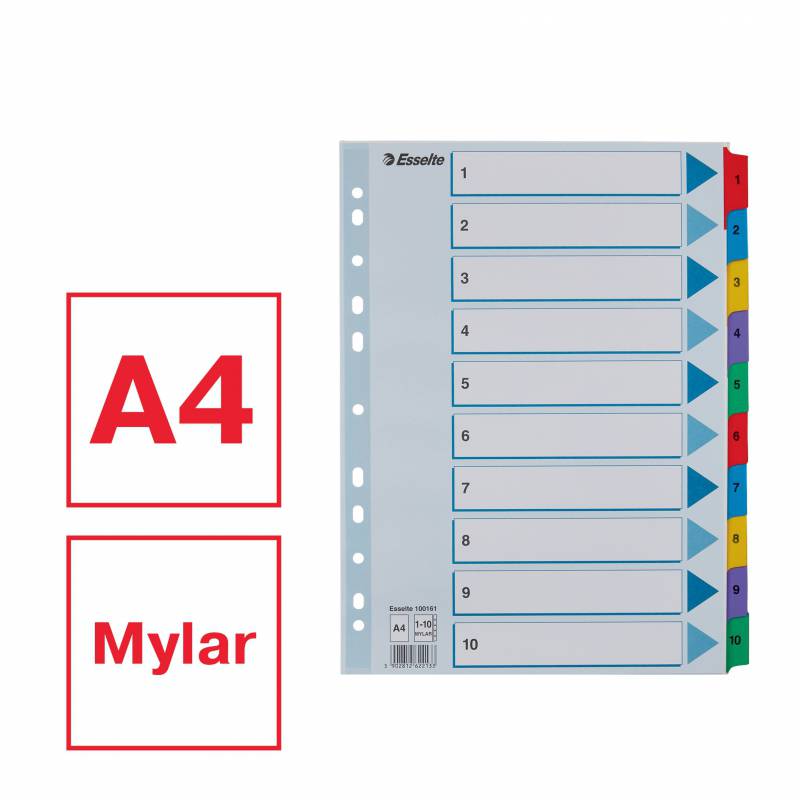 Esselte Index Carton avec onglets renforcés - A4 - Numéroté 1-10 - Multicolore