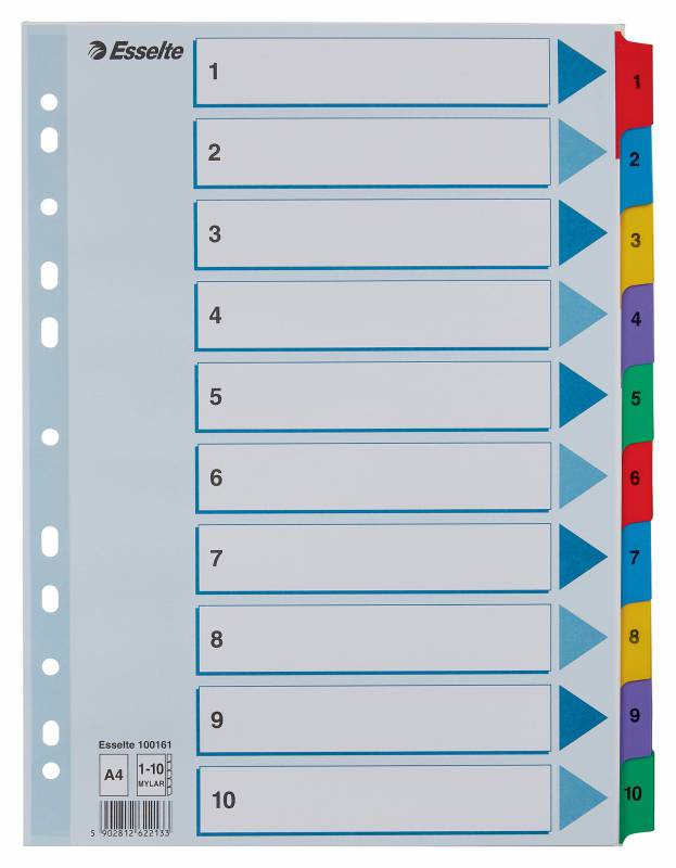Esselte Index Carton avec onglets renforcés - A4 - Numéroté 1-10 - Multicolore