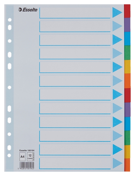 Esselte Intercalaires 12 Positions - Multi-trous - 6 Couleurs - Carton - Format A4