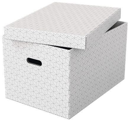 Esselte Pack de 3 Grandes Boîtes de Rangement avec Couvercles 355x305x510mm - Carton 100% Recyclé et Recyclable - Poignées Intégrées - Design Blanc avec Dessin