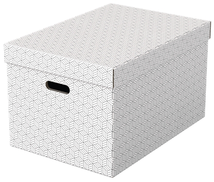 Esselte Pack de 3 Grandes Boîtes de Rangement avec Couvercles 355x305x510mm - Carton 100% Recyclé et Recyclable - Poignées Intégrées - Design Blanc avec Dessin