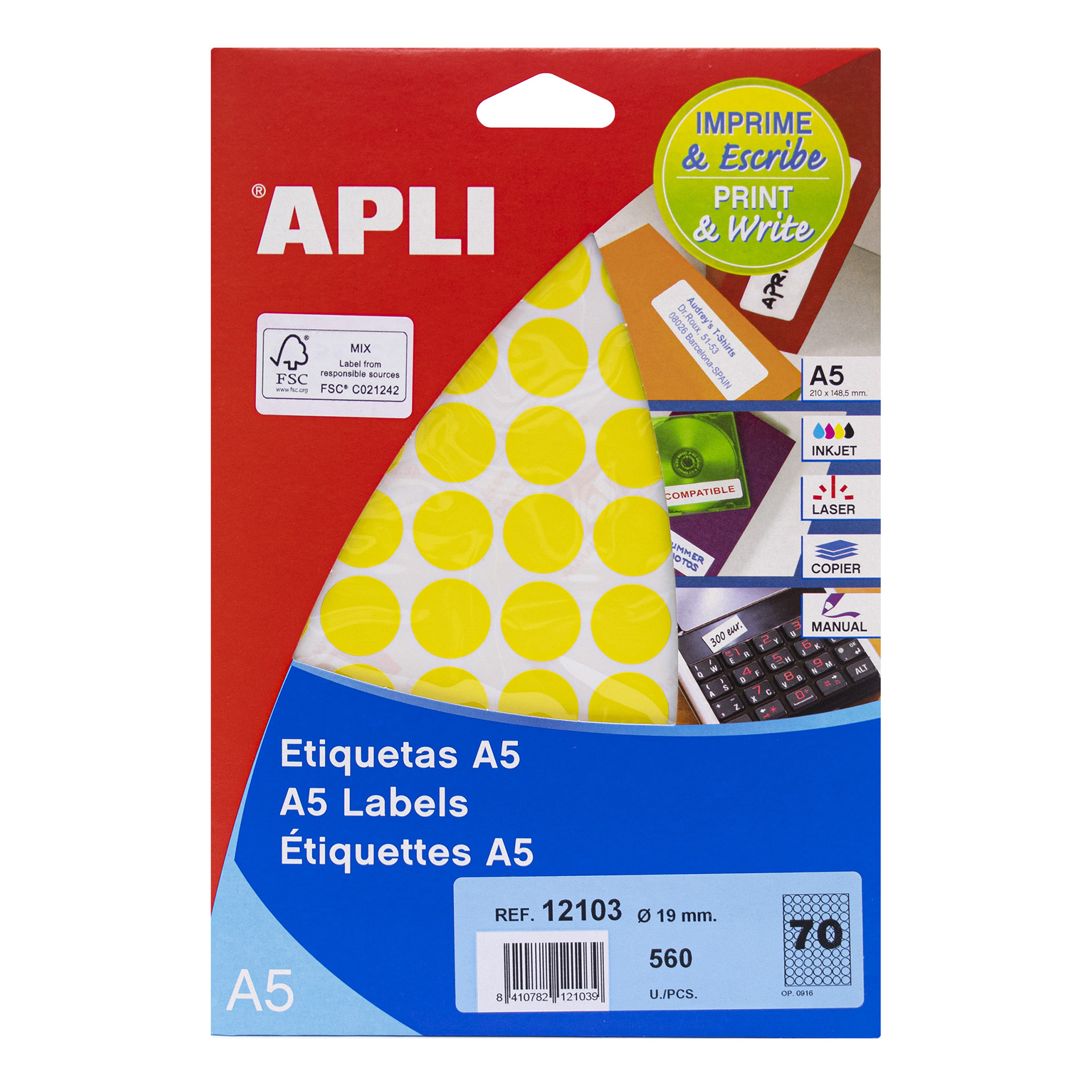 Etiquettes Apli A5 Jaune Ø 19.0mm 8 Feuilles