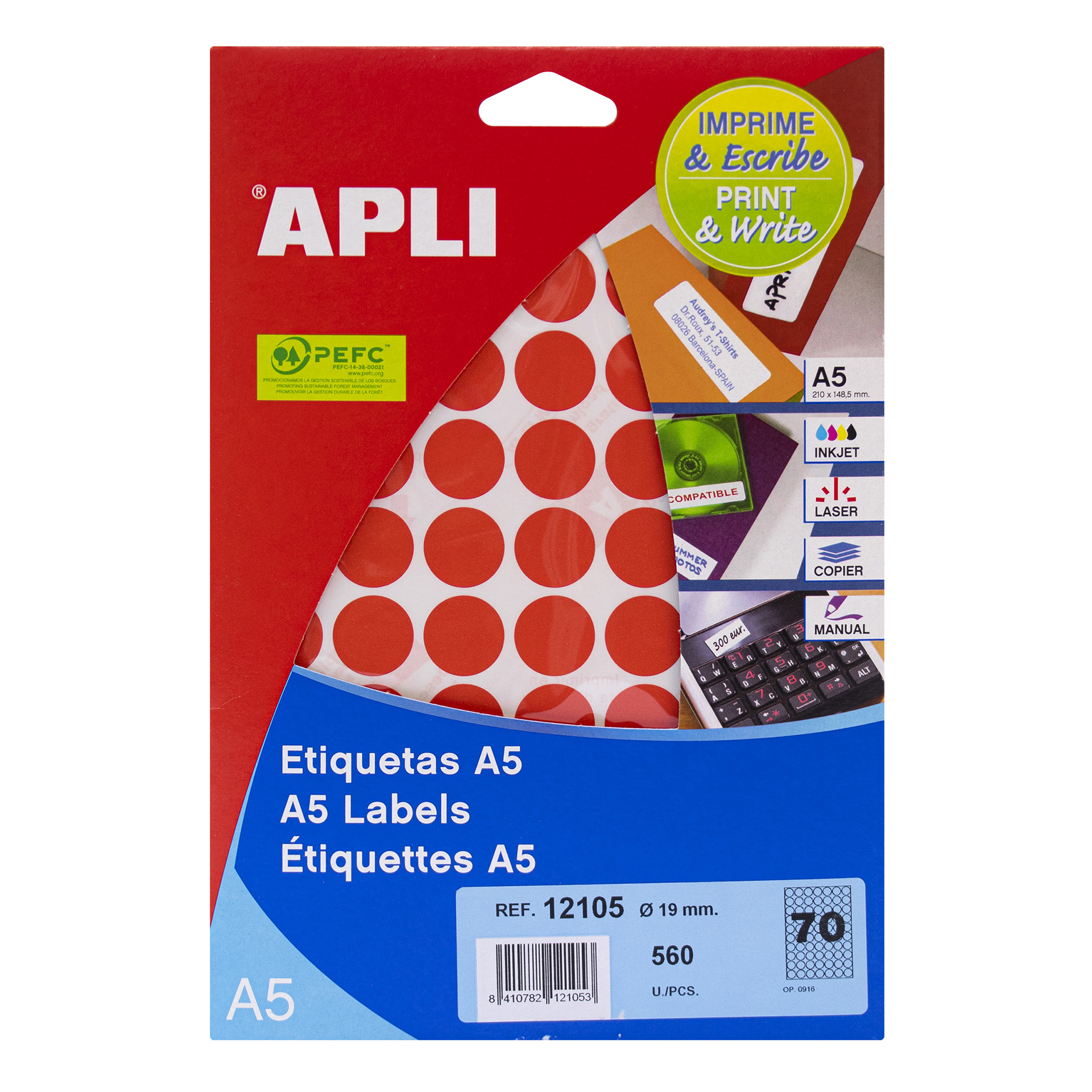 Etiquettes Apli A5 Rouge Ø 19.0mm 8 Feuilles