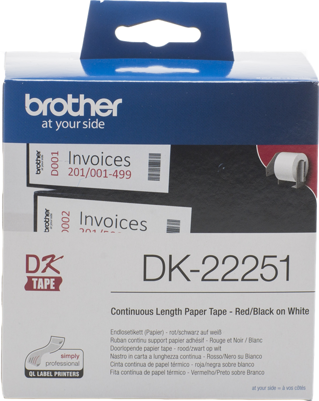 Brother étiquettes BROTHER DK-22251 - Largeur 62 mm x 15,24 mètres - Texte rouge et noir sur fond blanc
