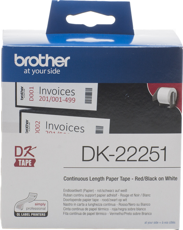 Brother étiquettes BROTHER DK-22251 - Largeur 62 mm x 15,24 mètres - Texte rouge et noir sur fond blanc