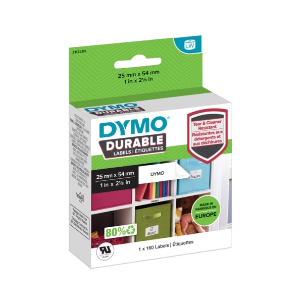 Étiquettes Dymo Durable originales, lot de 160 – Texte noir sur fond blanc – 25 mm x 54 mm – 2112283