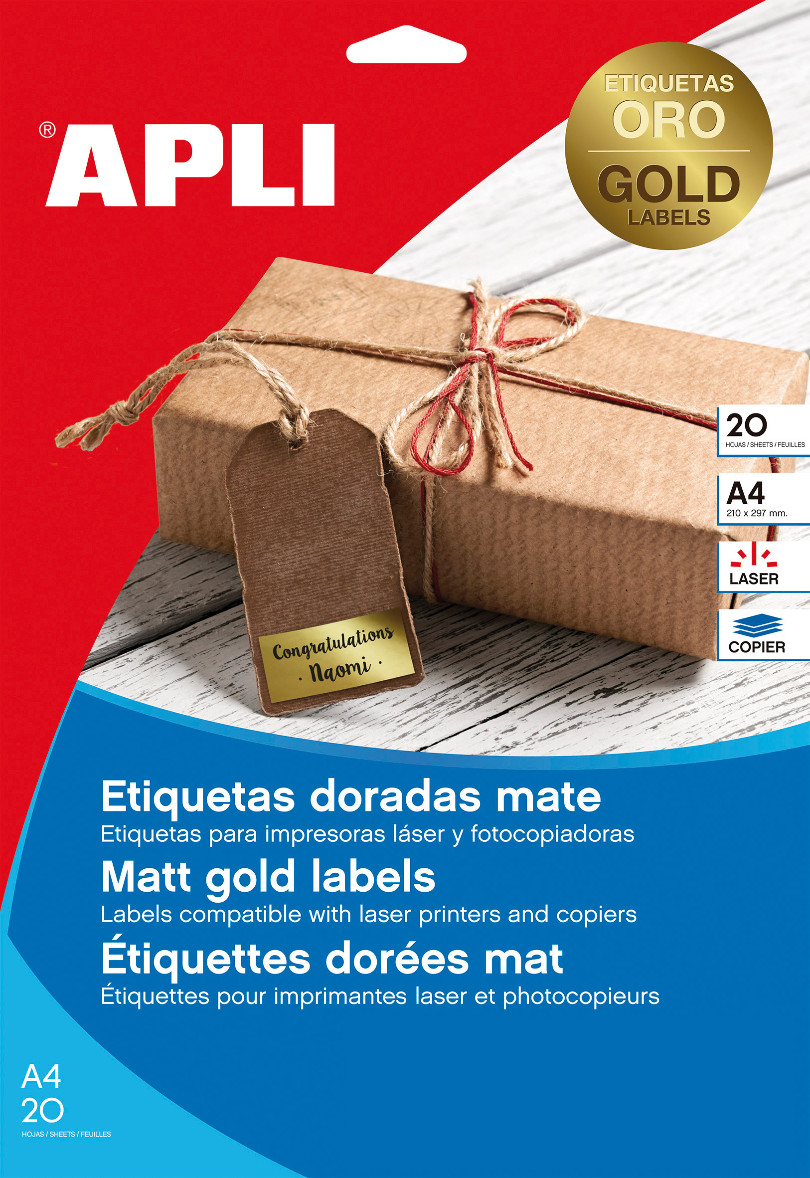 Étiquettes métallisées dorées Apli 63,5 x 29,6 mm 20 feuilles