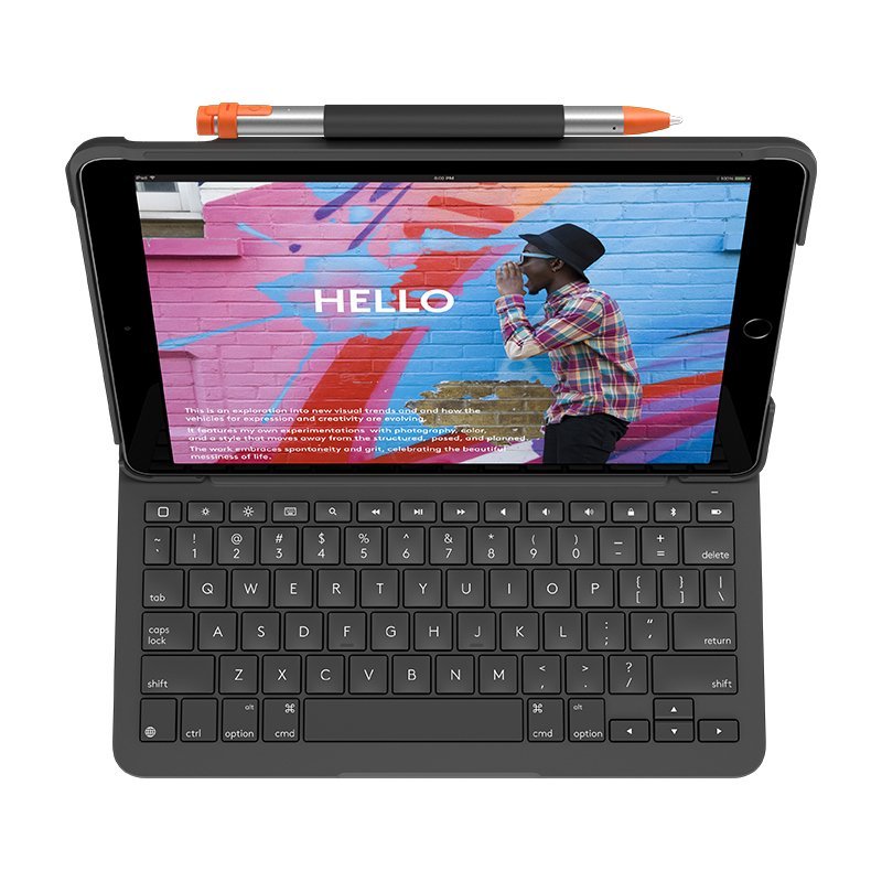 Étui Logitech Slim Folio avec clavier Bluetooth pour iPad 7e et 8e génération 10,2" - Écriture, dessin et lecture - Couleur Gris