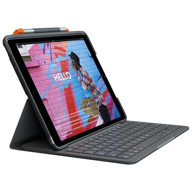 Étui Logitech Slim Folio avec clavier Bluetooth pour iPad 7e et 8e génération 10,2" - Écriture, dessin et lecture - Couleur Gris