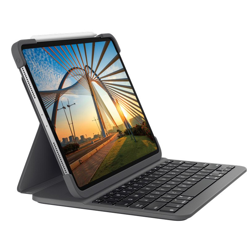 Étui Logitech Slim Folio Pro avec clavier rétroéclairé Bluetooth pour iPad Pro 3e et 4e génération 12,9" - Marche/arrêt automatique - Saisie confortable - Fermeture magnétique - Couleur grise