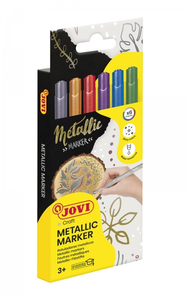 Étui métallique Jovi de 6 marqueurs - Effet métallique - Encre à base d'eau - Nettoyage facile - Idéal pour papier foncé et surfaces non poreuses - Couleurs assorties