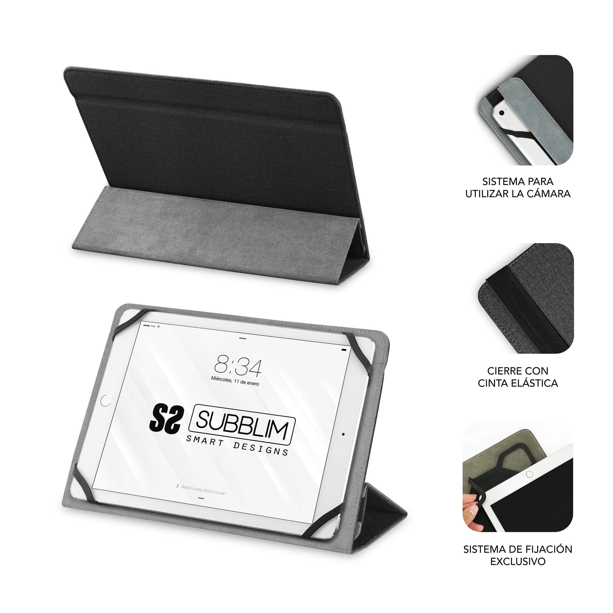 Étui pour Tablette Subblim Freecam - Design Universel jusqu'à 11" - Système de Fixation en Silicone - Intérieur Doux et Velouté - Fermeture Sécurisée avec Bande Elastique - Couleur Noir