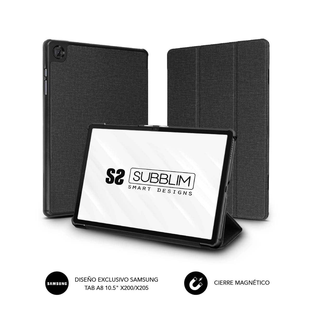 Étui Subblim pour Tablette Samsung GT A8 x200/x205 10.5" - Installation Facile avec Clip - Matière Tissu Résistant - Coque Arrière Rigide - Intérieur Velours - Ouverture Caméra - Fonction Support - Fermeture Magnétique - Couleur Noir