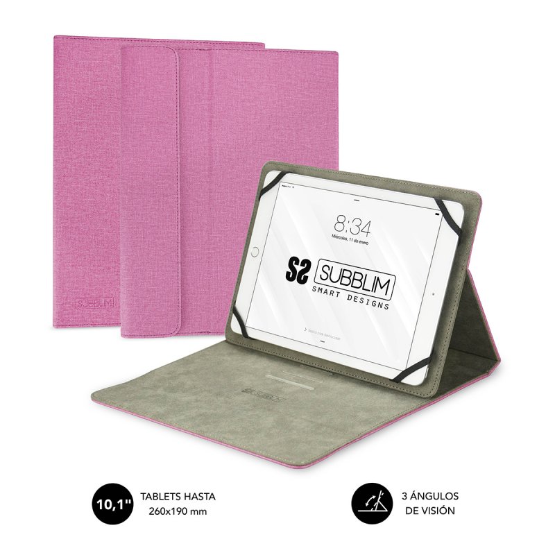 Etui Tablette Universel Subblim - Finition toucher tissu - Support antidérapant - Fermeture magnétique - Système d'attache exclusif - Coloris Rose