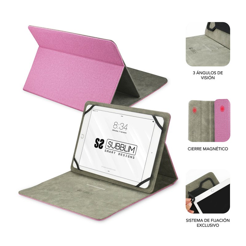 Etui Tablette Universel Subblim - Finition toucher tissu - Support antidérapant - Fermeture magnétique - Système d'attache exclusif - Coloris Rose