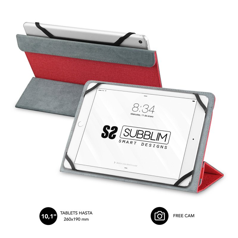 Etui Tablette Universel Subblim - Rabat magnétique pour caméra arrière - Support antidérapant - Compatible tablettes jusqu'à 10,1" - Résistant aux chocs, à la poussière et aux rayures - Rouge